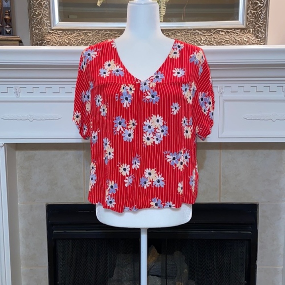 Madewell Red Daisy Society Striped Floral Top V-neck Short Sleeve